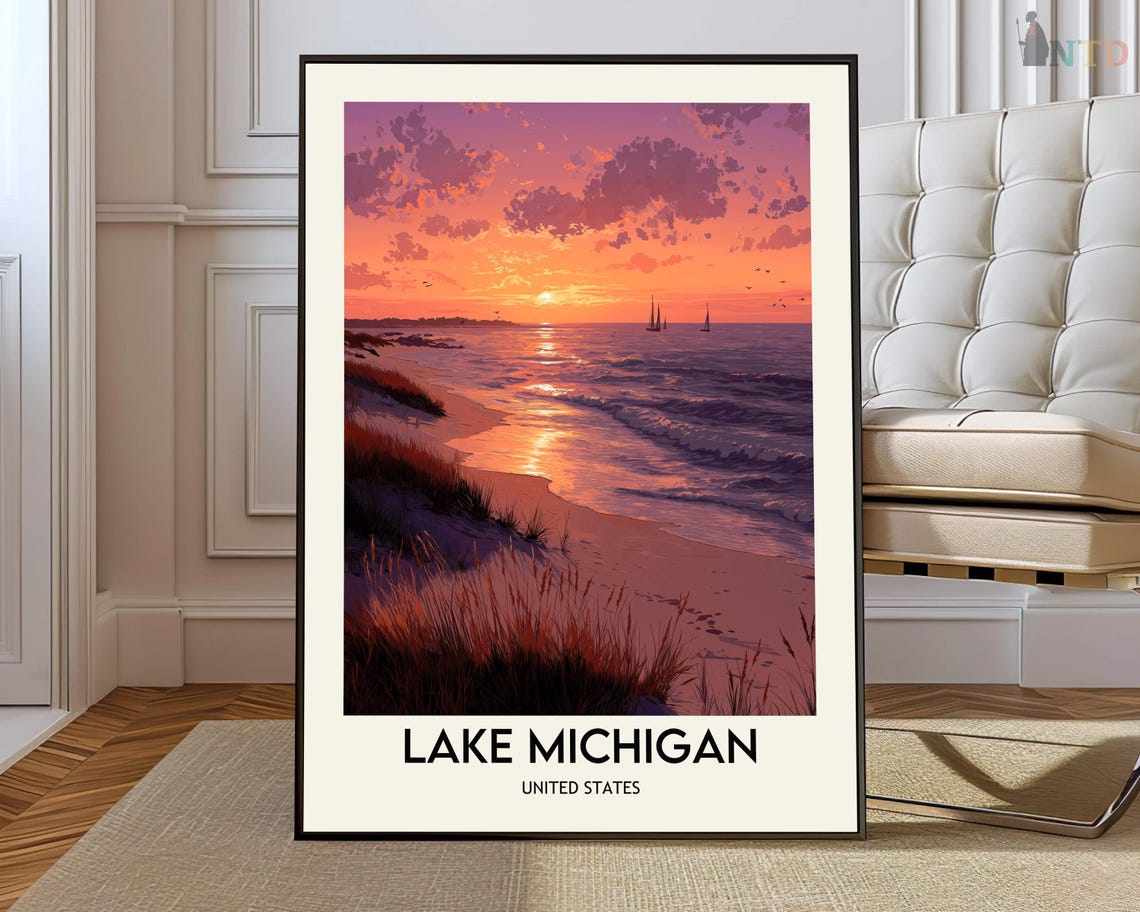 Lake Michigan Purple Sunset Dune Beach Twilight Modern Travel Poster