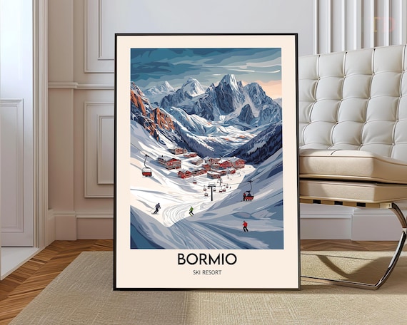 Bormio Ski Resort Alpine Village Gondola Skier Travel Poster