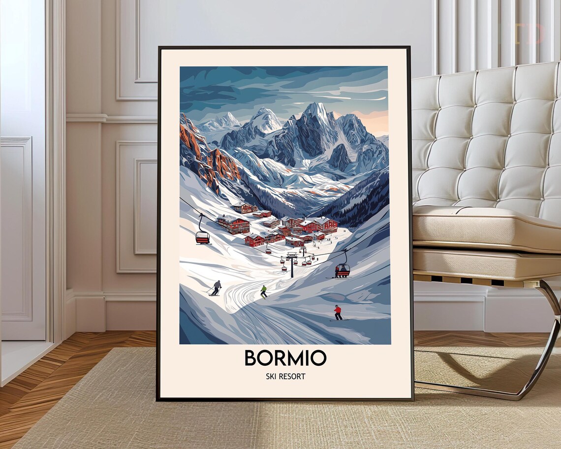 Bormio Ski Resort Alpine Village Gondola Skier Travel Poster