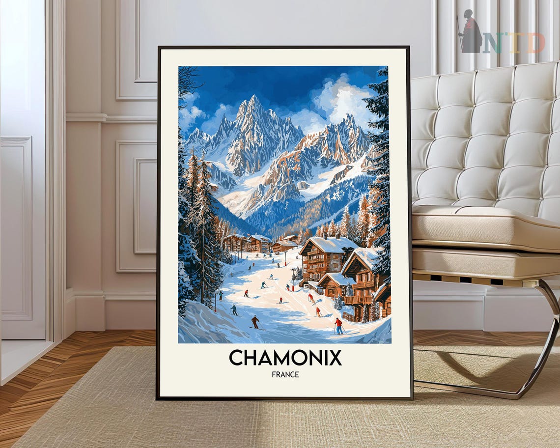 Chamonix France Busy Daytime Ski Slopes Chalets Blue Sky Poster