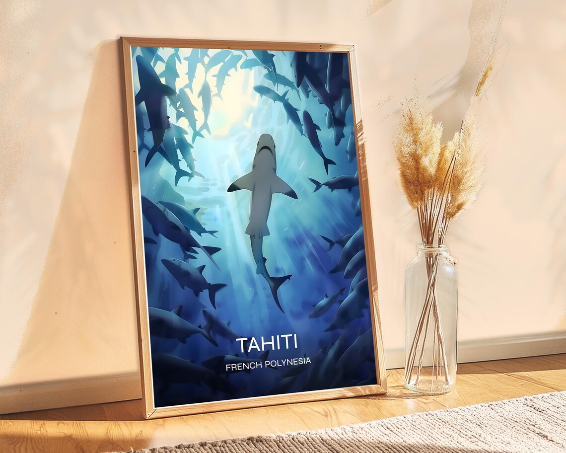 Tahiti French Polynesia Shark School Underwater Dive Travel Poster