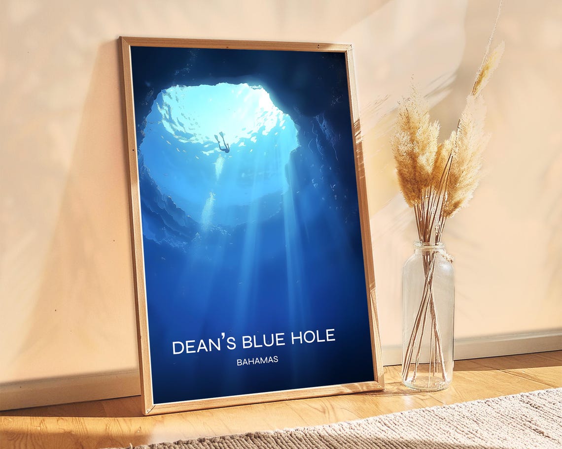 Deans Blue Hole Bahamas Underwater Diver Ocean Travel Poster