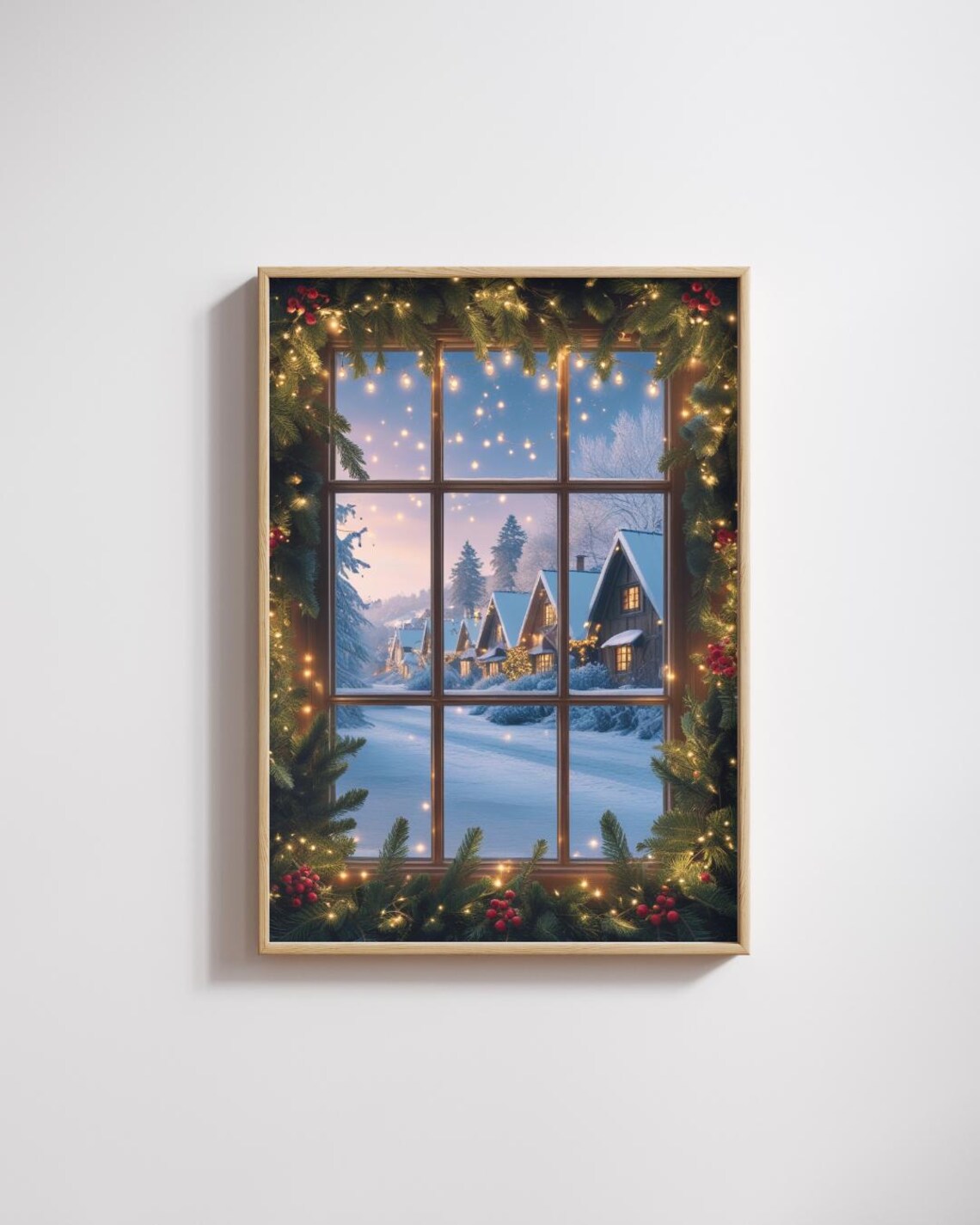 Rustic Christmas Window Snowy Village Garland Fairy Lights Holiday Poster
