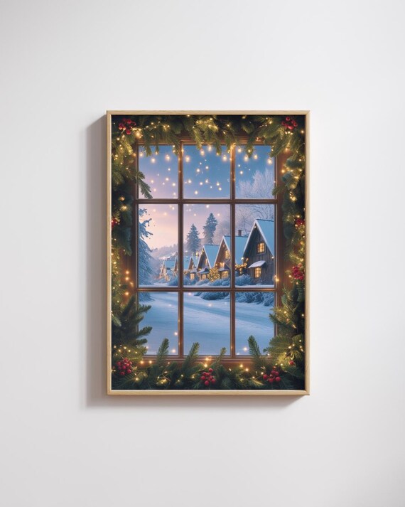 Rustic Christmas Window Snowy Village Garland Fairy Lights Holiday Poster