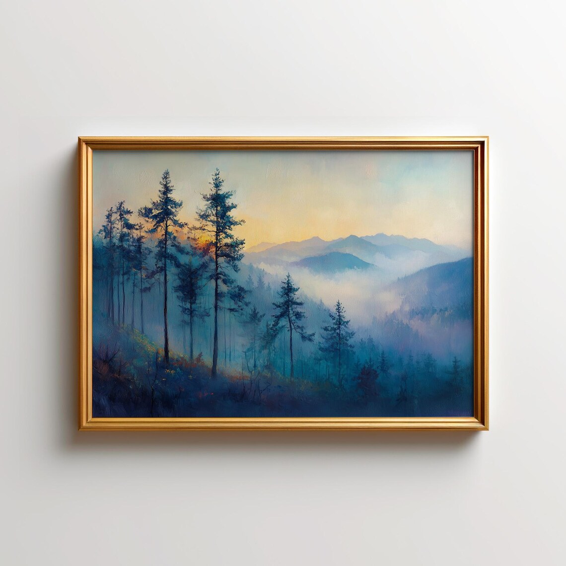 Misty Pine Forest Sunrise Blue Mountain Layers Golden Dawn Oil Art Poster