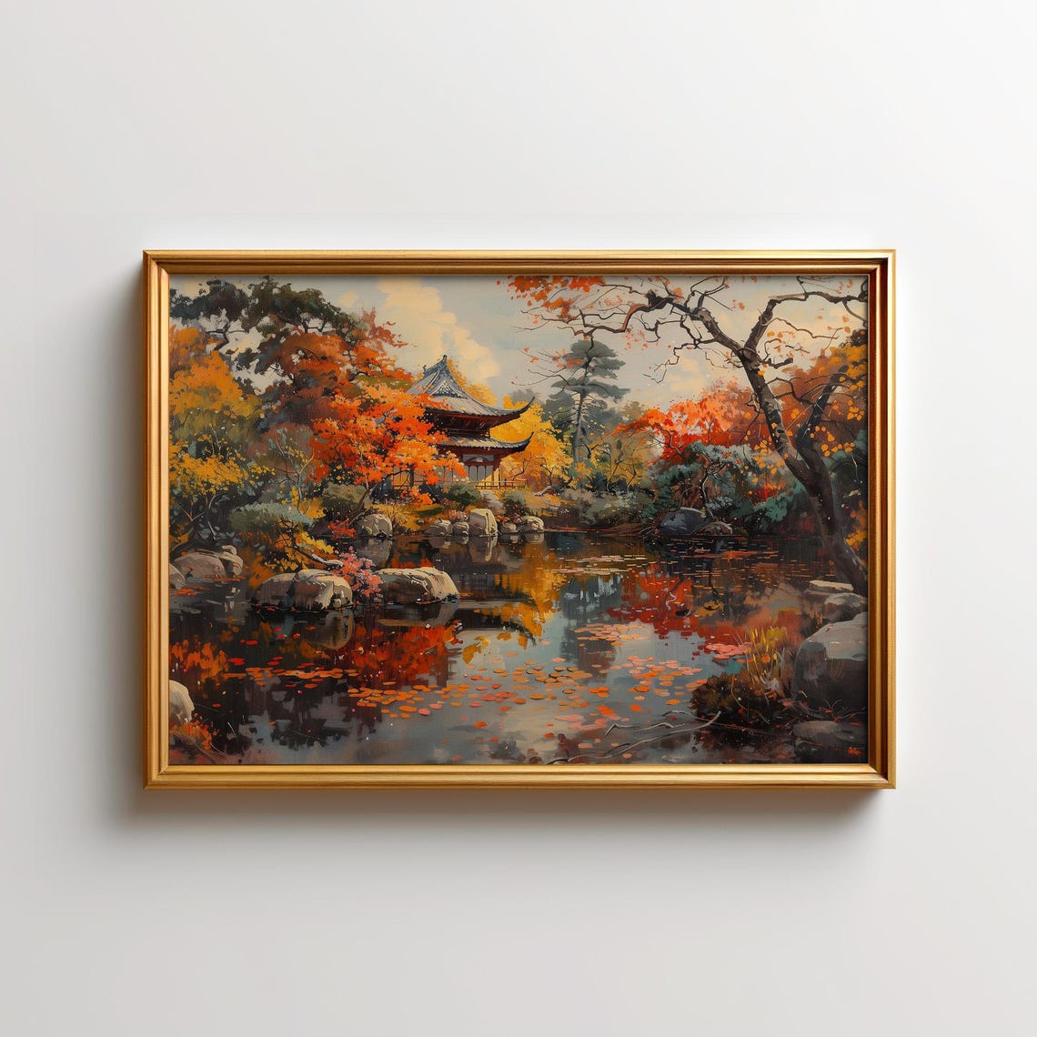 Japanese Garden Autumn Pagoda Pond Red Maple Painting Poster Art