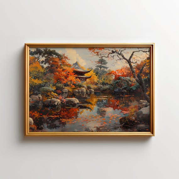 Japanese Garden Wall Art Autumn Kyoto Landscape Painting Temple Prints Fall Decor For Home
