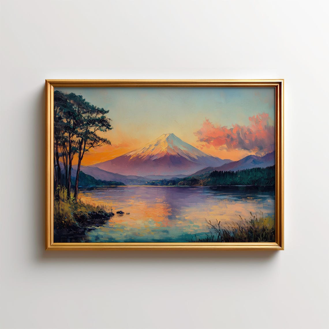 Mount Fuji Sunset Lake Reflection Pines Japanese Landscape Art Poster