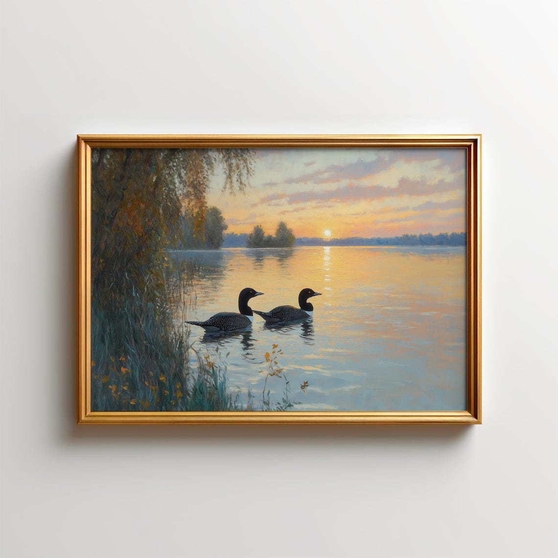 Common Loons Sunset Lake Calm Water Wildlife Painting Poster