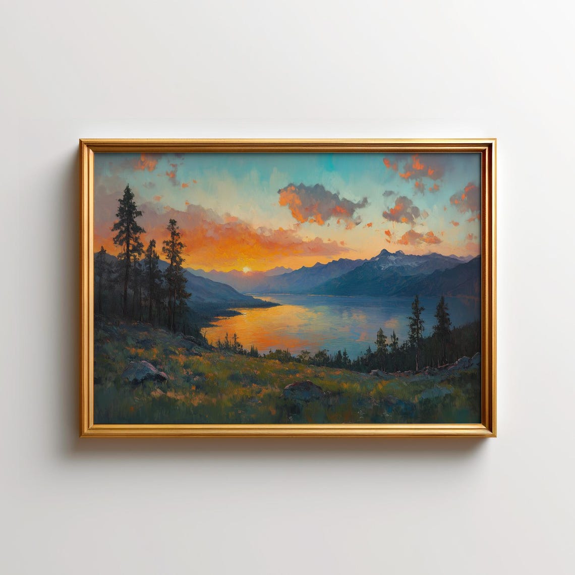 Mountain Lake Sunset Orange Clouds Oil Painting Landscape Poster