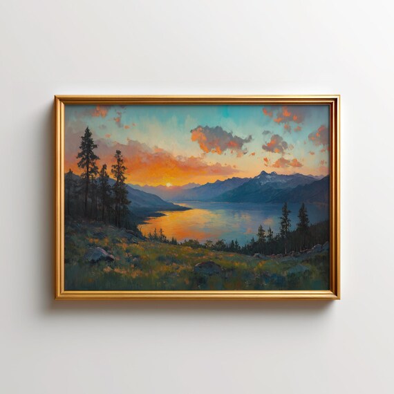 Mountain Lake Sunset Orange Clouds Oil Painting Landscape Poster