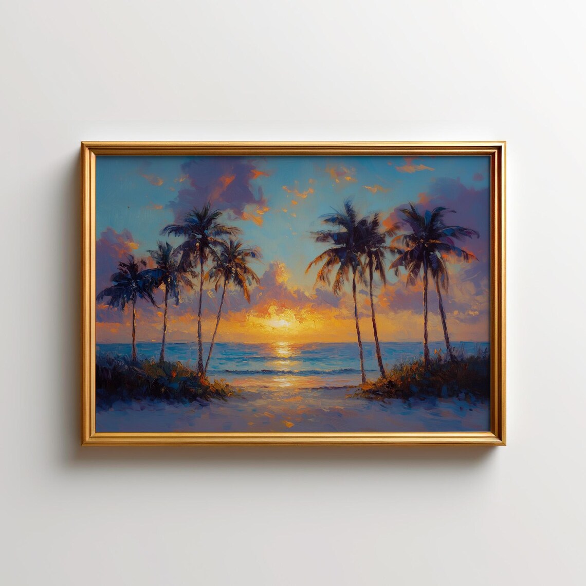 Tropical Beach Sunset Palm Trees Ocean Waves Impressionist Painting Poster