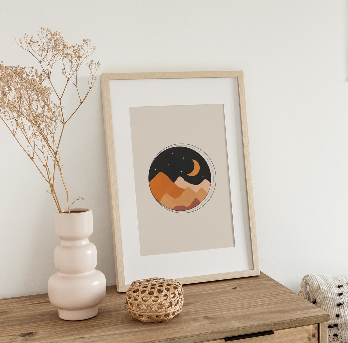 Night Mountains Moon Stars Circle Minimalist Celestial Wall Art - Image 2