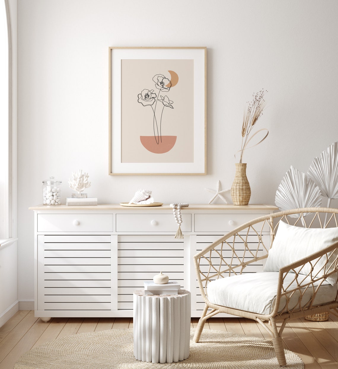 Crescent Moon Flowers Line Art Botanical Terracotta Minimalist Print - Image 3