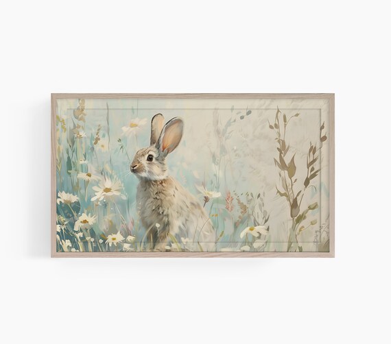 Bunny Rabbit White Daisies Vintage Watercolor Spring Art Poster
