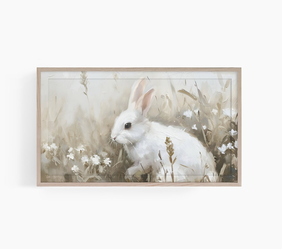 White Rabbit Wildflower Meadow Soft Vintage Oil Painting Poster