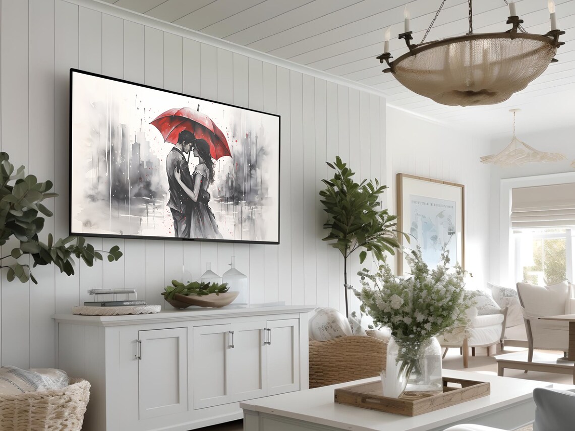 Romantic Couple Under Red Umbrella Rainy City Watercolor Wall Art - Image 2