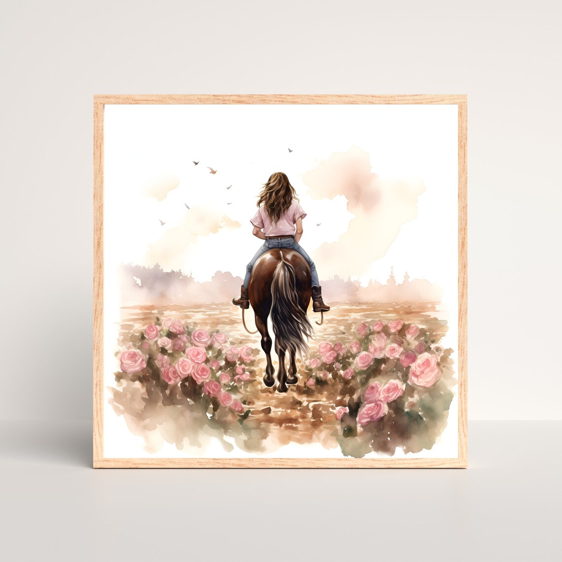 Girl Riding Horse In Wildflower Field Watercolor Art Print