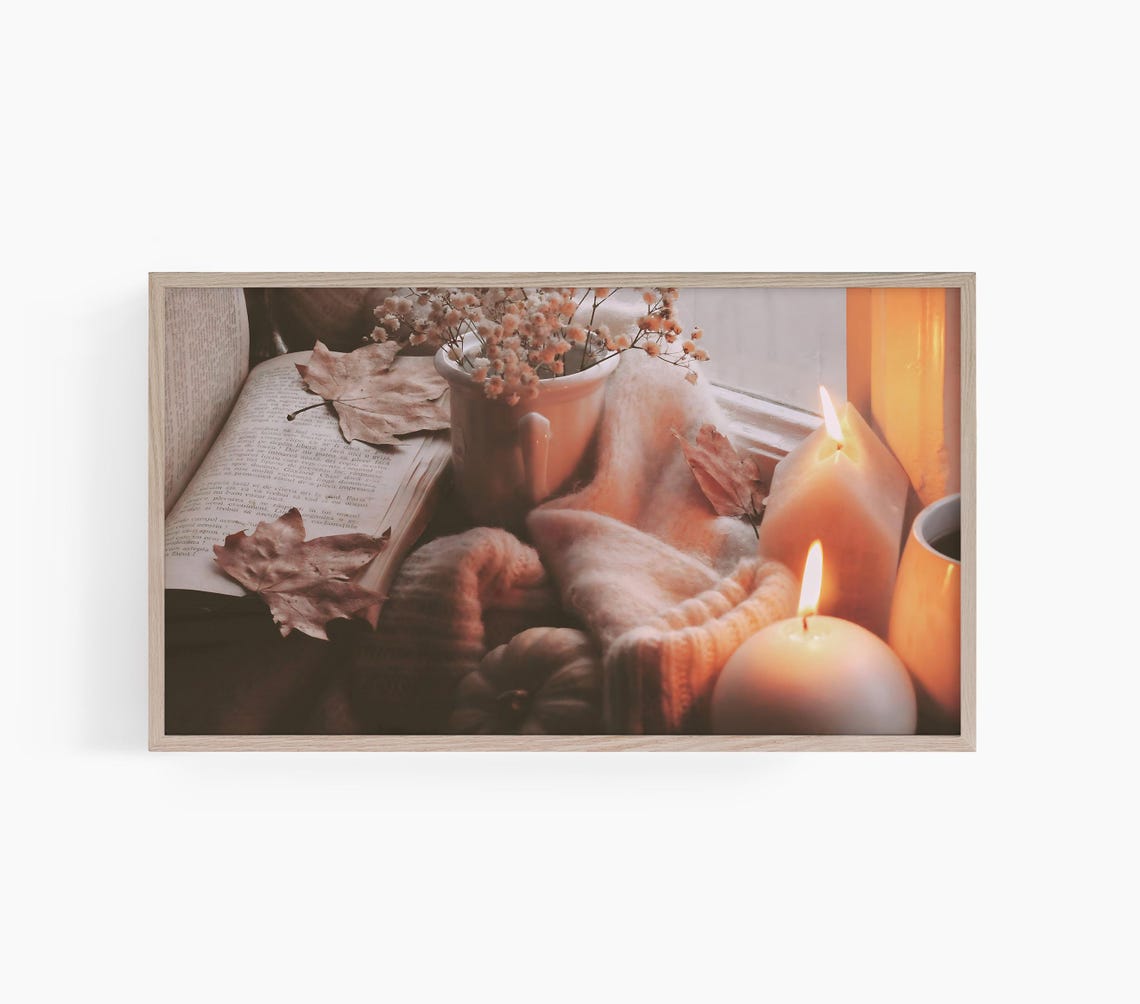 Cozy Fall Candles Open Book Autumn Hygge Warm Candlelight Scene Poster