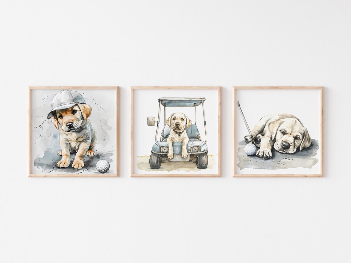 Yellow Lab Puppy Golf Nursery Watercolor Prints Set Of Three Poster