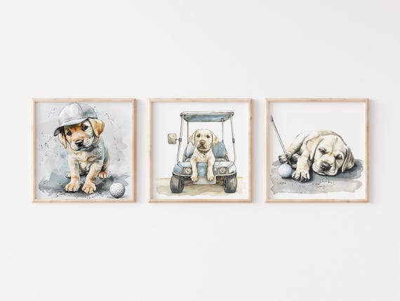Golf Nursery Prints Yellow Lab Puppy Golf Wall Art Watercolor Golf Nursery Decor Cute Dog Lover Nursery Art Golf Baby Shower Gift S128