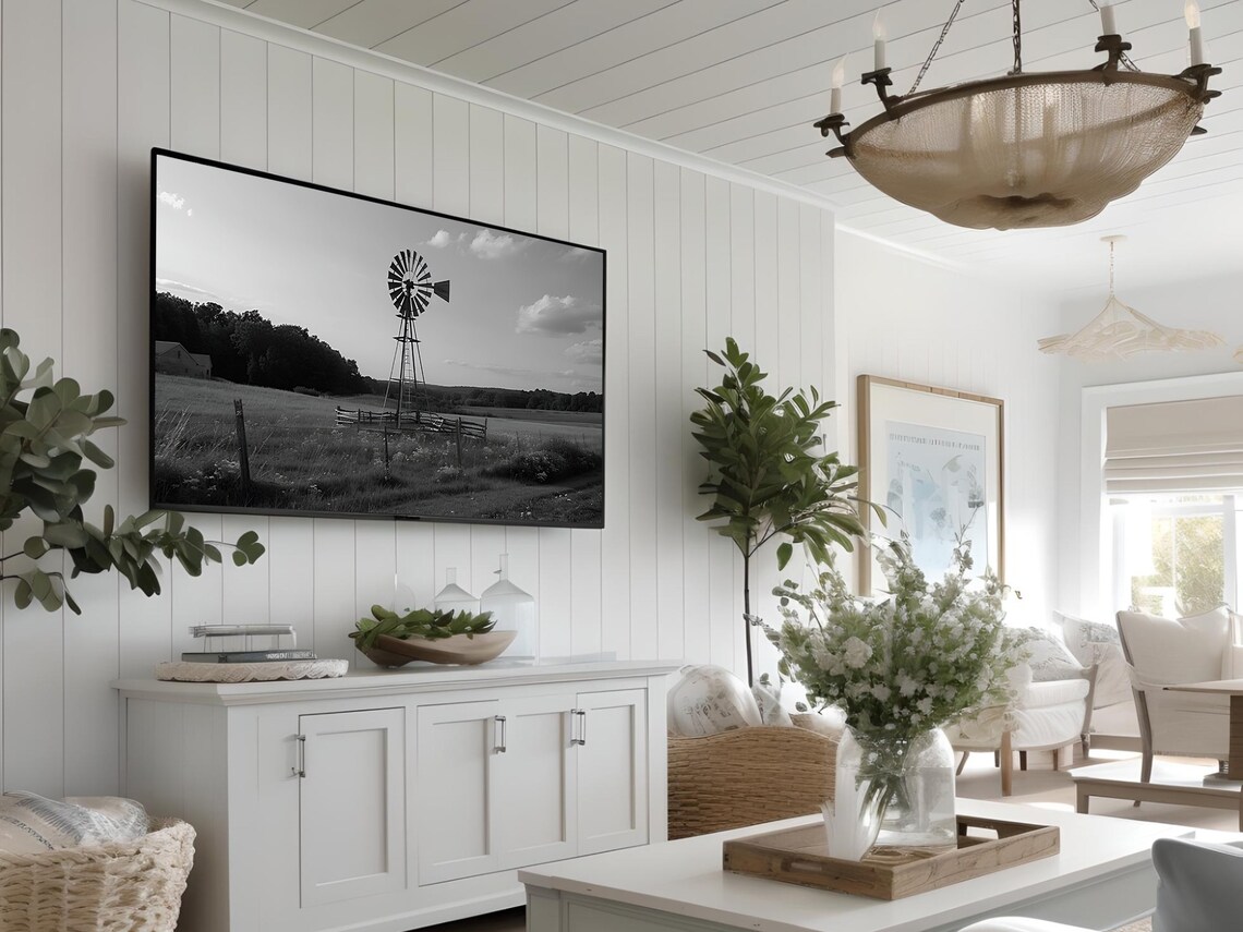 Black and White Windmill Farm Country Landscape Photo Poster - Image 3