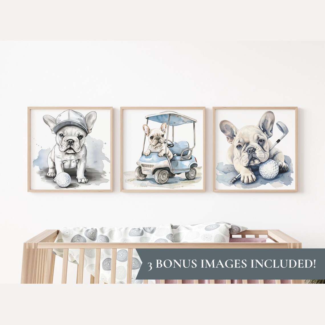 French Bulldog Golf Puppy Nursery Trio Cute Watercolor Wall Art