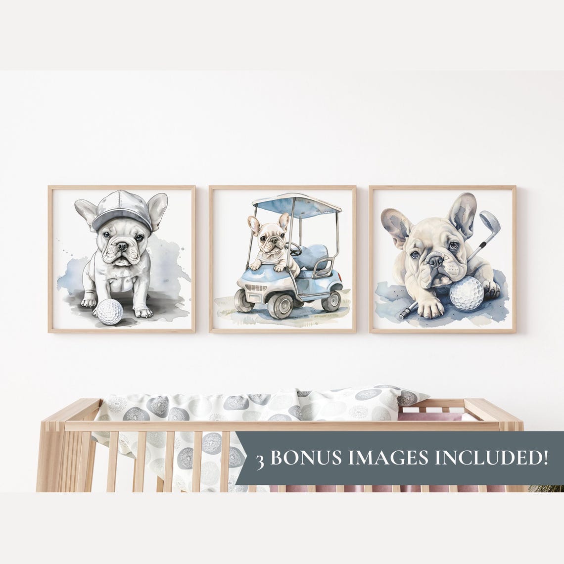 Watercolor Golf Nursery Prints French Bulldog Golf Art Golf Nursery Art Neutral Gender Wall Art French Bulldog Nursery Decor S116