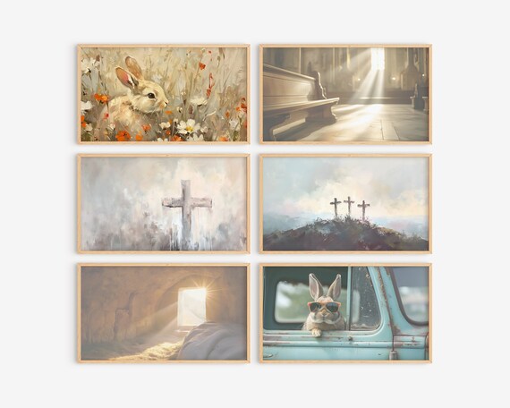Christian Easter Gallery Set of Six Bunny Crosses Tomb Wall Art