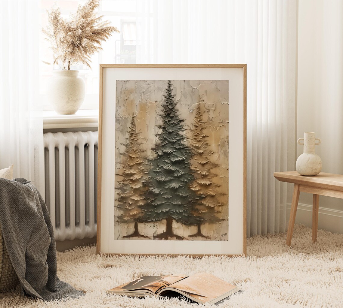 Vintage Winter Pine Forest, Rustic Christmas Art Print - Image 2