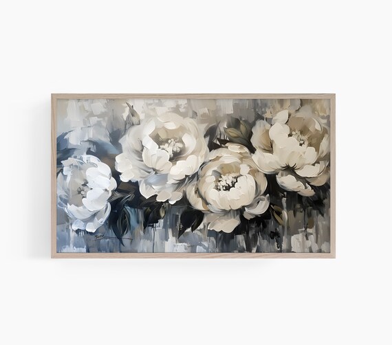 White Peony Blossom Impasto Oil Painting Vintage Floral Poster