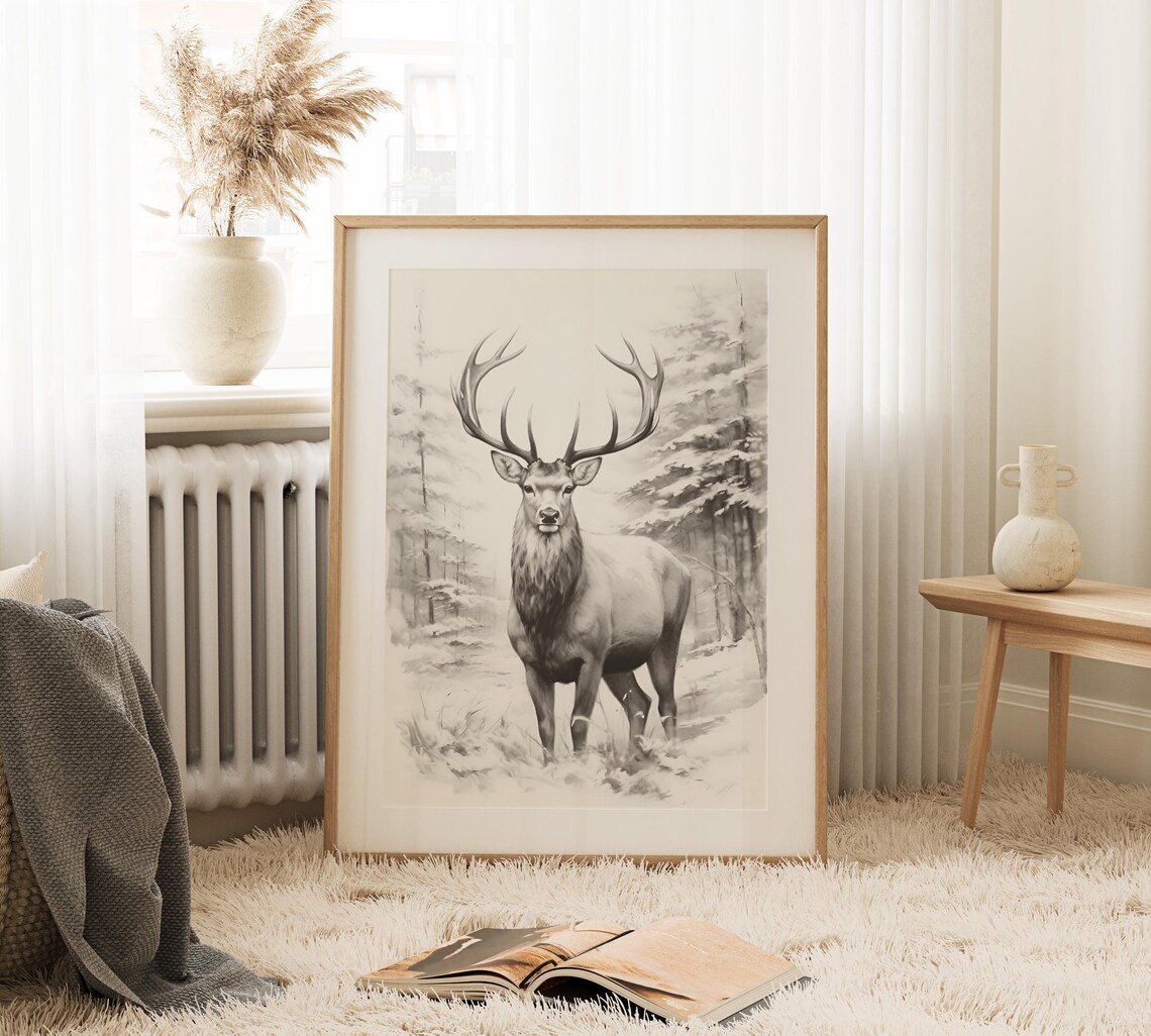 Majestic Stag Pencil Sketch Winter Forest Elegant Deer Antlers Drawing Wall Art - Image 2