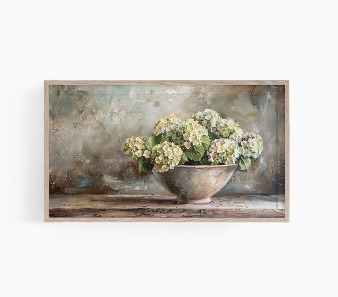 Hydrangea Still Life Rustic Farmhouse Neutral Floral Bowl Poster