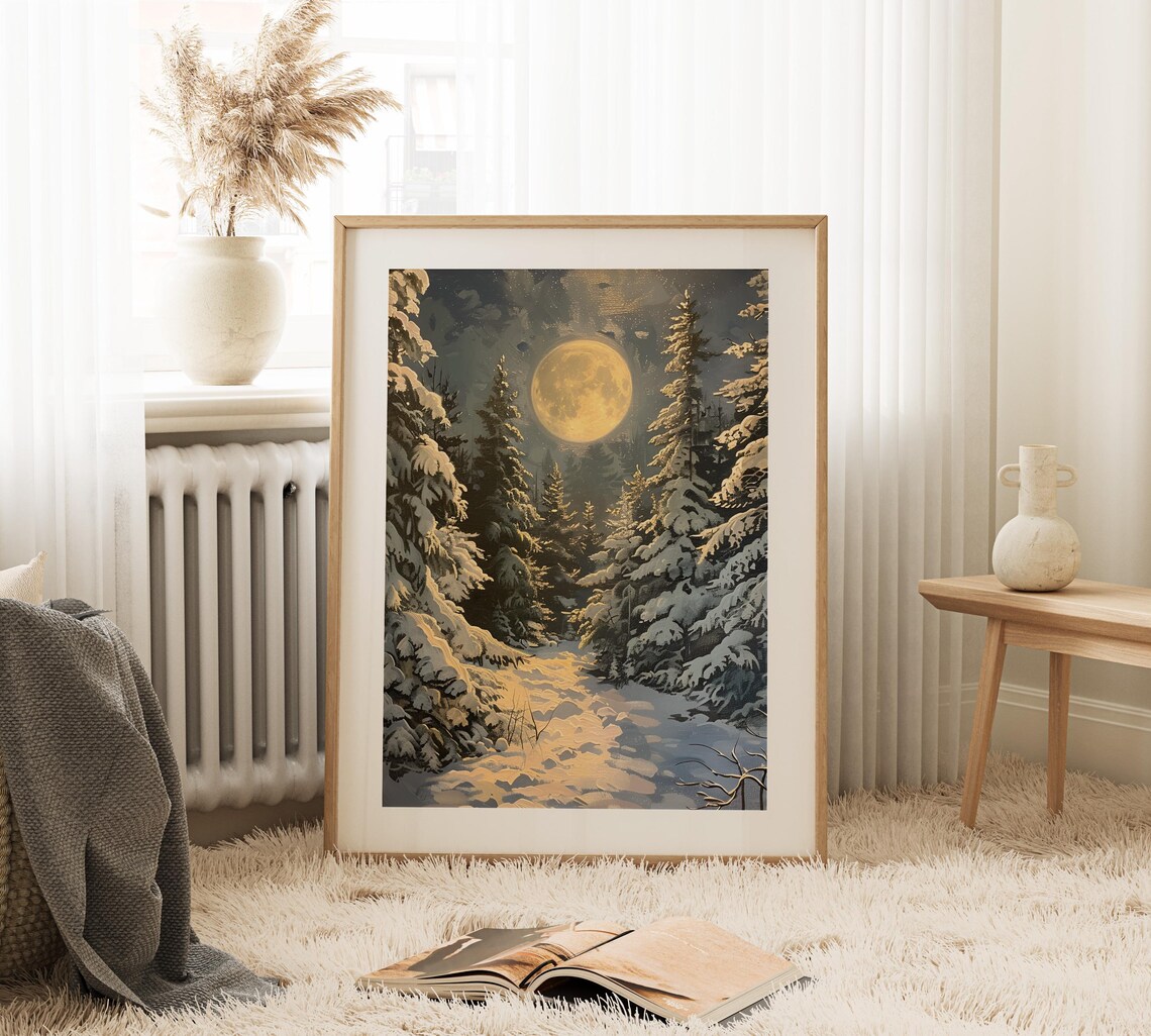 Winter Moon Night Snowy Forest Path Moody Landscape Painting Poster - Image 2