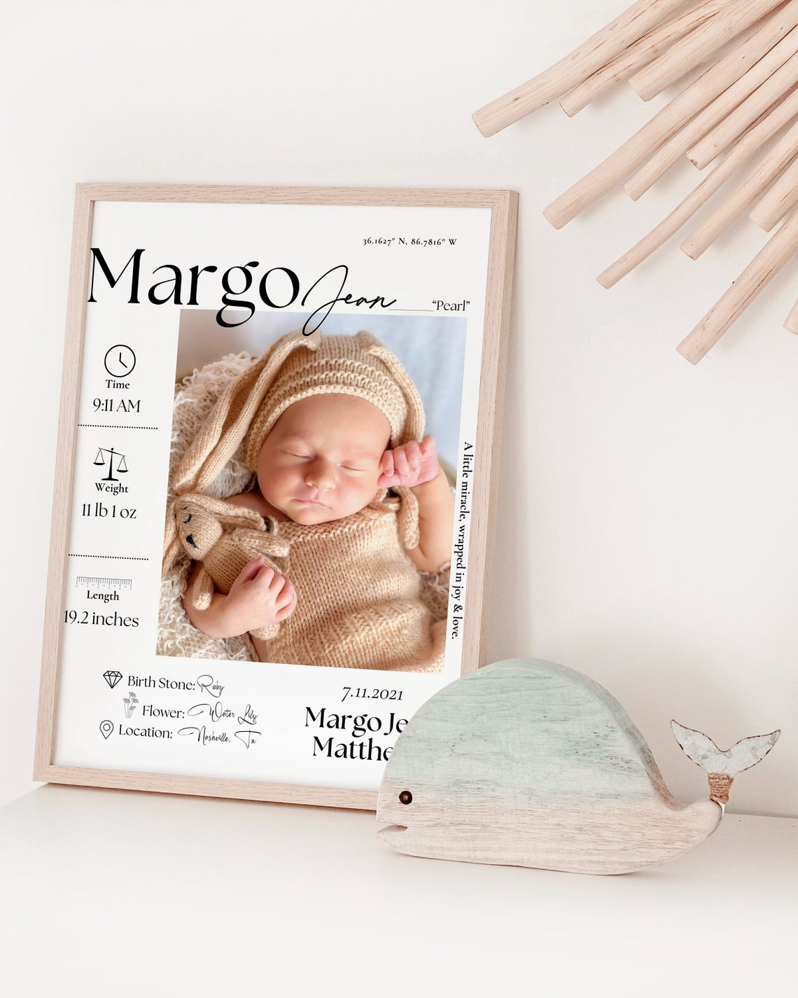 Grace Lane Jacobs Newborn Birth Stats Green Nursery Art Poster - Image 2