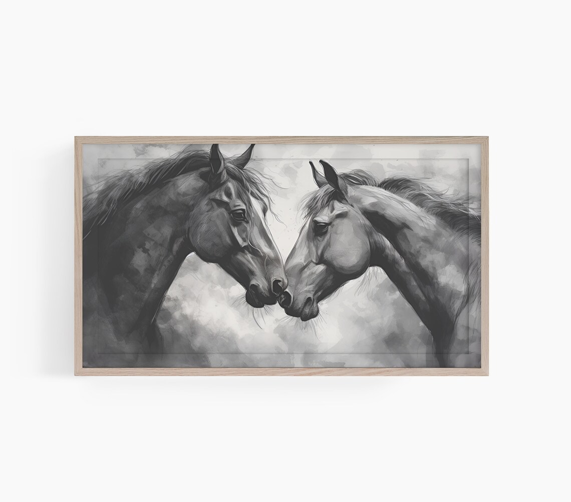 Two Black Horses Nose To Nose Grayscale Watercolor Love Wall Art