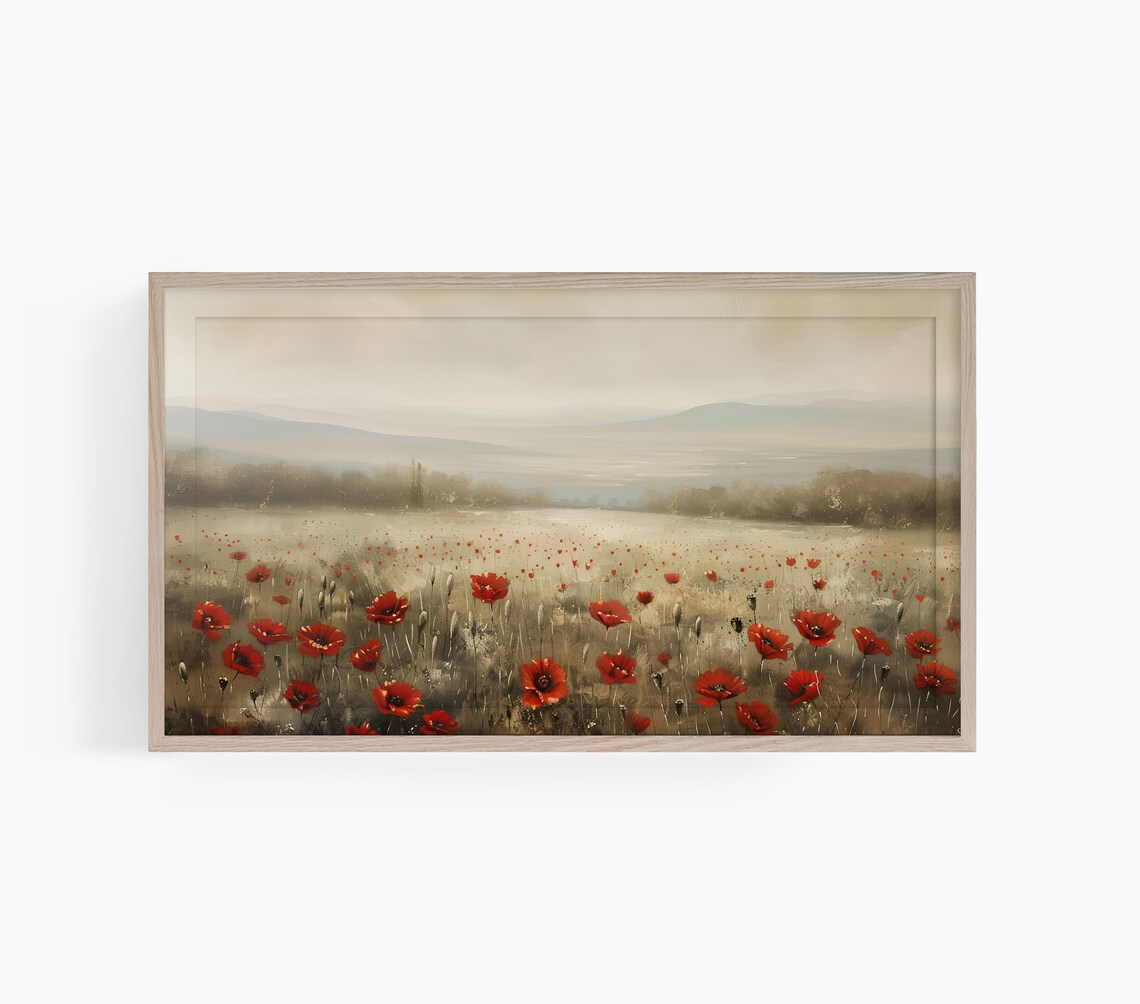 Red Poppy Field Hills Impressionist Wildflower Landscape Poster