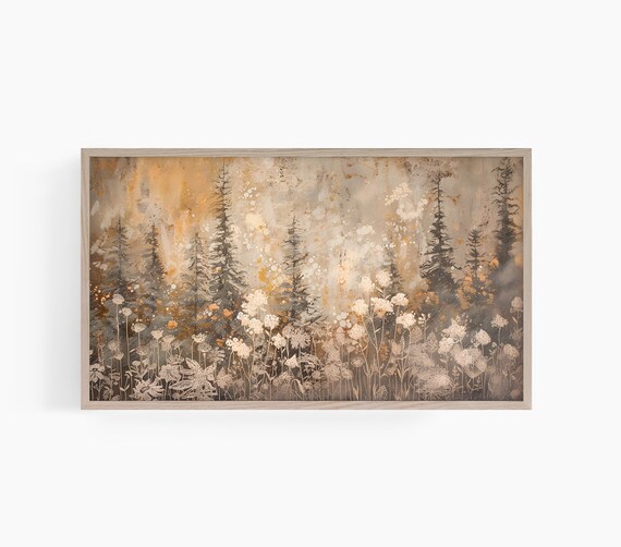 Misty Pine Forest Golden Wildflower Meadow Vintage Art Poster