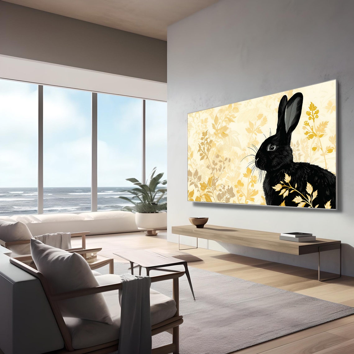 Black Rabbit Golden Floral Pattern Bold Vintage Easter Bunny Poster - Image 2