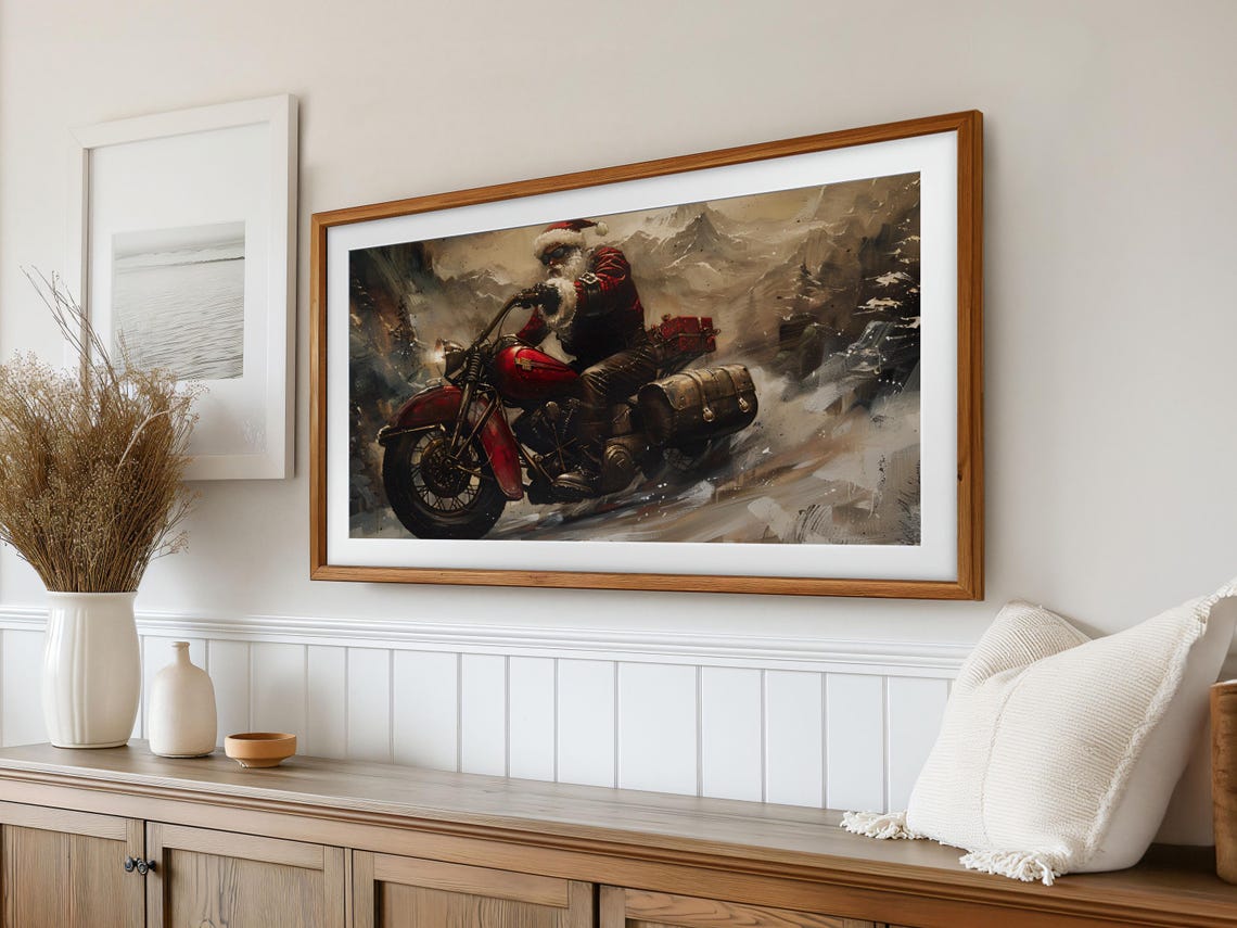 Santa Claus Riding Red Motorcycle Snowy Mountain Painting Poster - Image 2