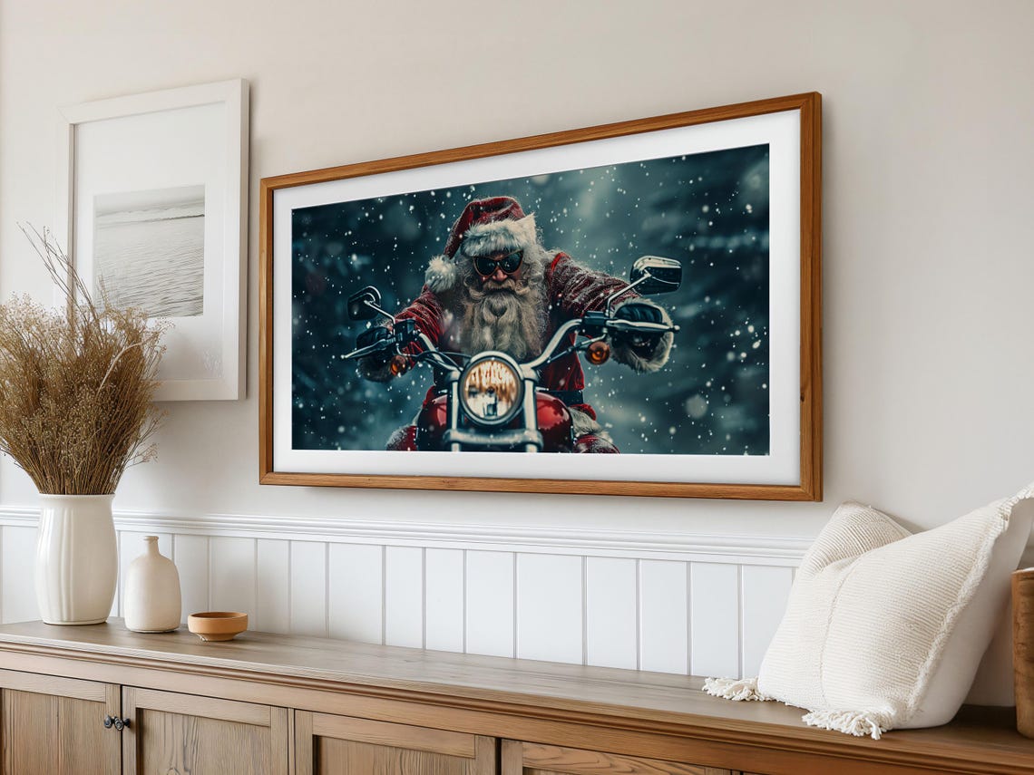 Cool Santa Riding Motorcycle Winter Snowfall Funny Christmas Poster - Image 3