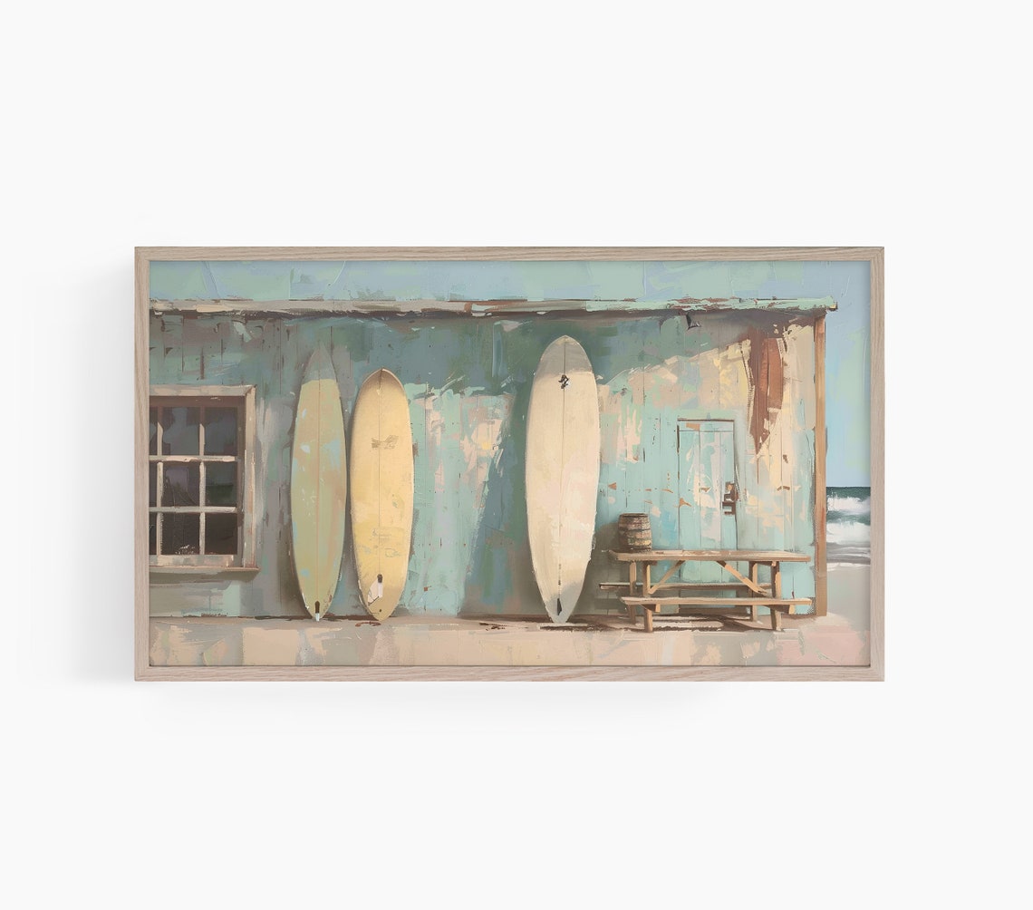 Beach Shack Surfboard Painting Rustic Coastal Surf Scene Poster