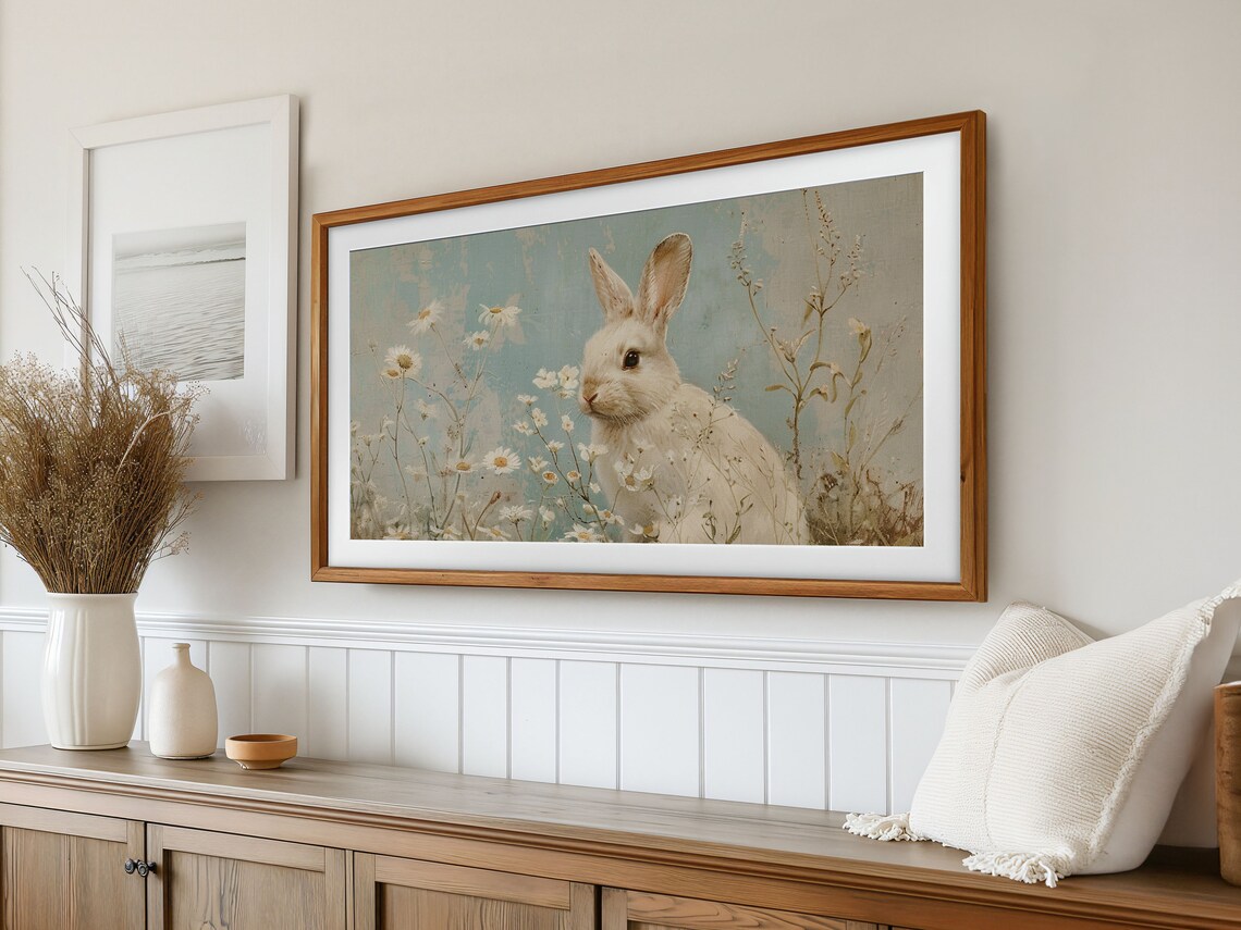 White Rabbit Daisy Meadow Vintage Blue Floral Animal Art Poster - Image 3