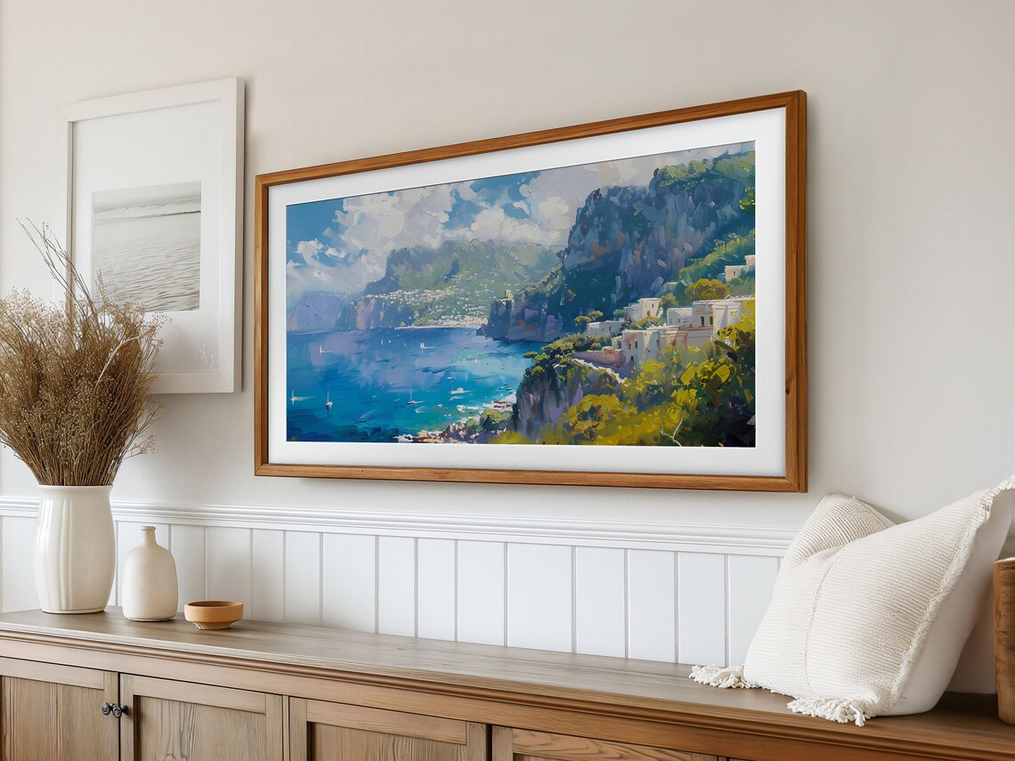 Amalfi Coast Cliffside Village Sparkling Blue Sea Oil Painting Poster - Image 2