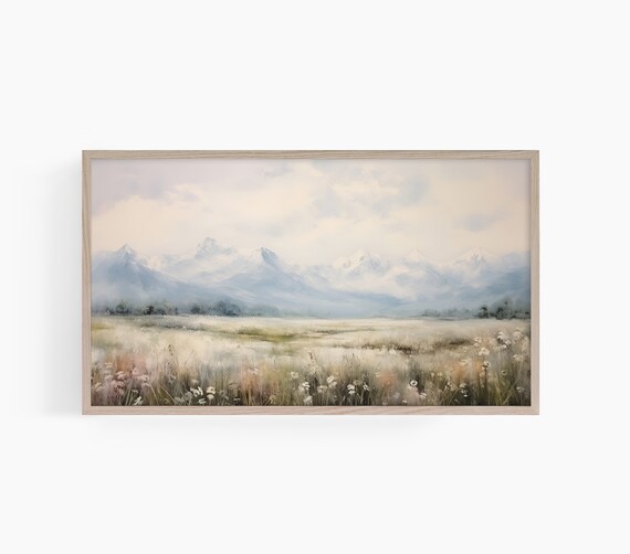 White Wildflower Field Misty Blue Mountain Meadow Painting Poster