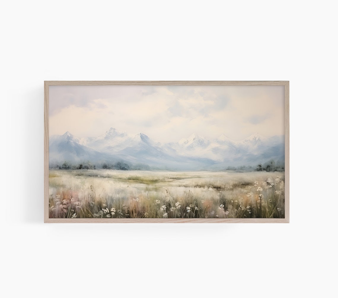 White Wildflower Field Misty Blue Mountain Meadow Painting Poster