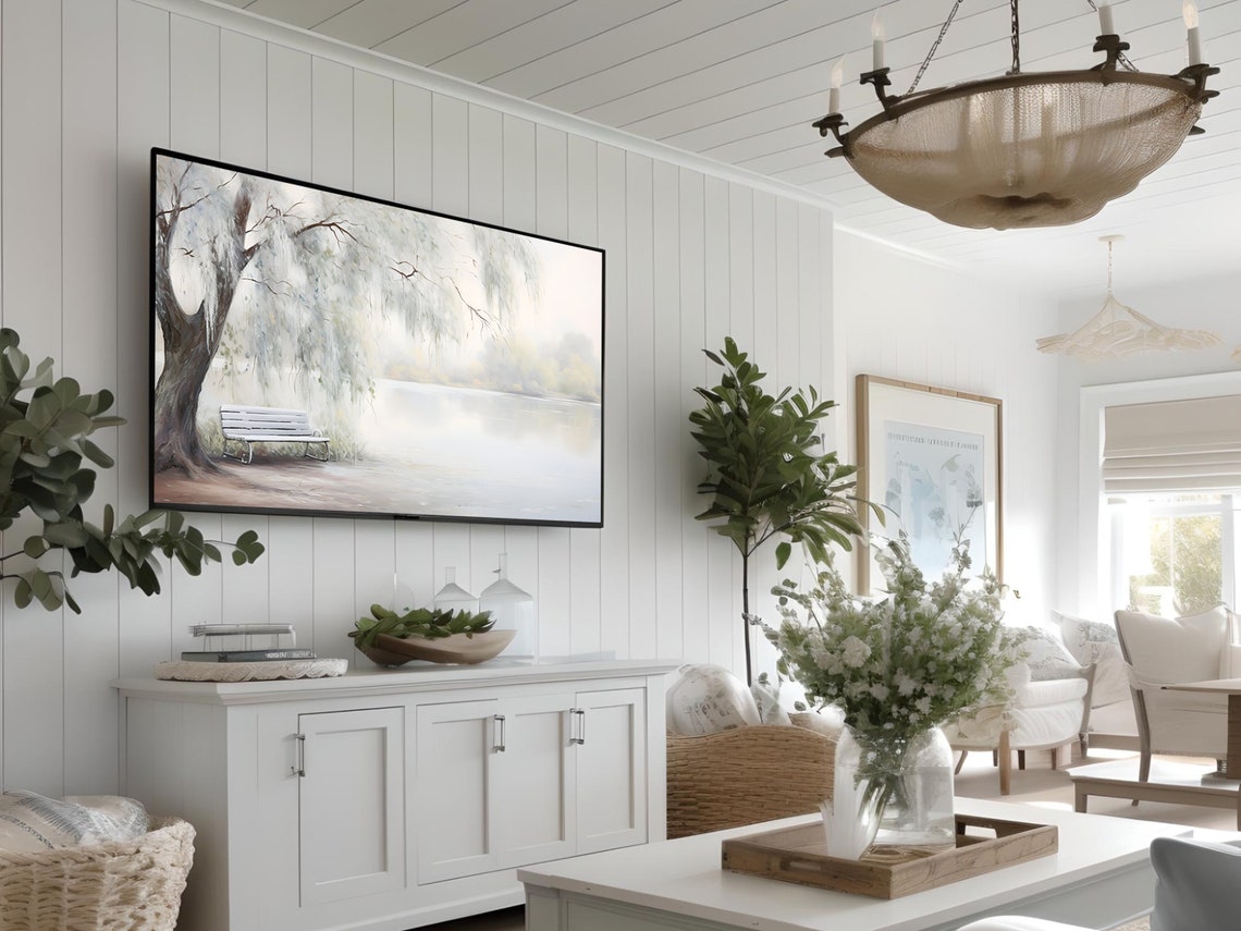 Misty Lakeside Bench Under Weeping Willow Tree Watercolor Poster - Image 2