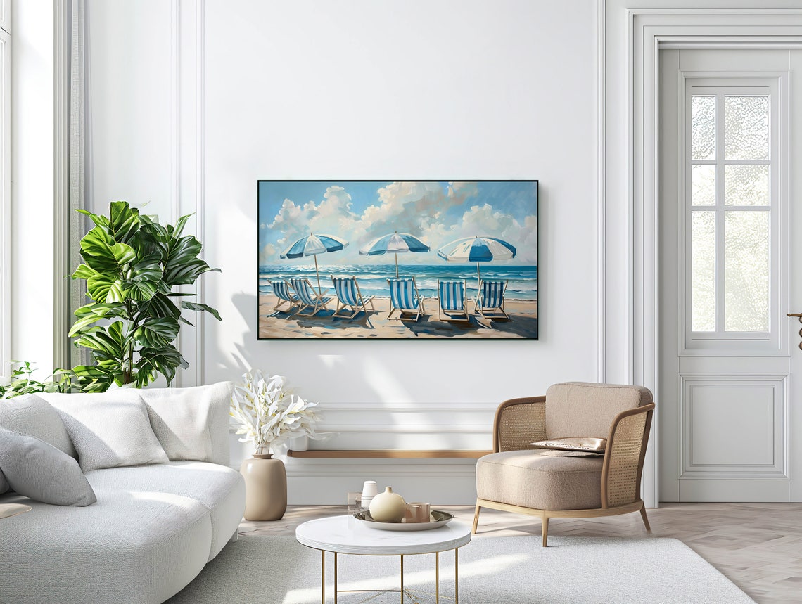 Beach Chairs Blue Striped Umbrellas Ocean Shore Summer Painting Poster - Image 3