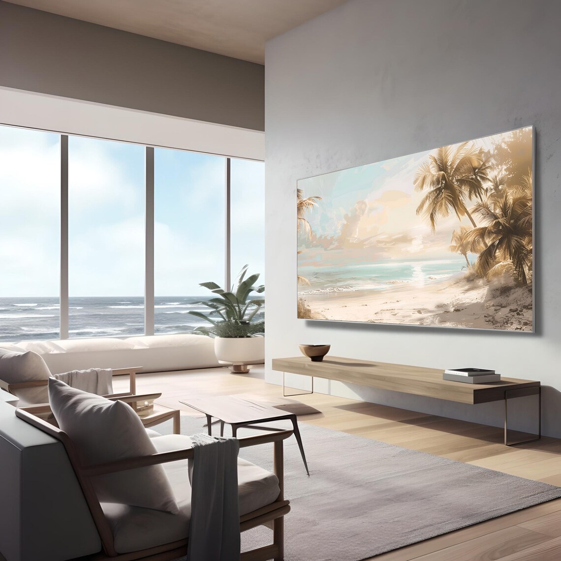 Palm Tree Beach Sunset in Soft Pastel Tropical Watercolor Poster - Image 2