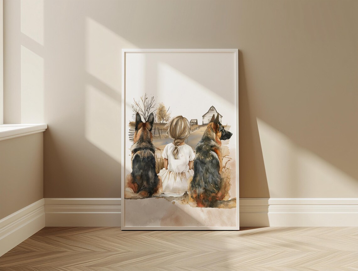 Little Farm Girl Nursery Decor, Girl And Dogs Art Print